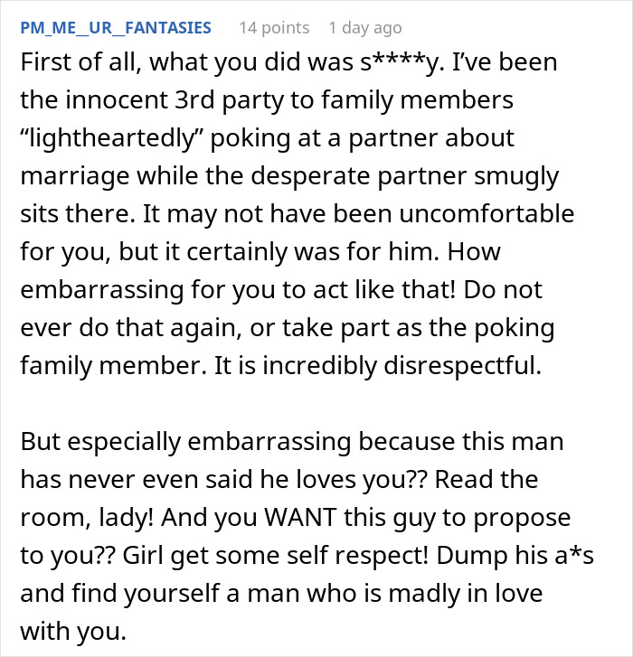 A comment advising to dump the guy who doesn't say 'I love you' and won't marry her.