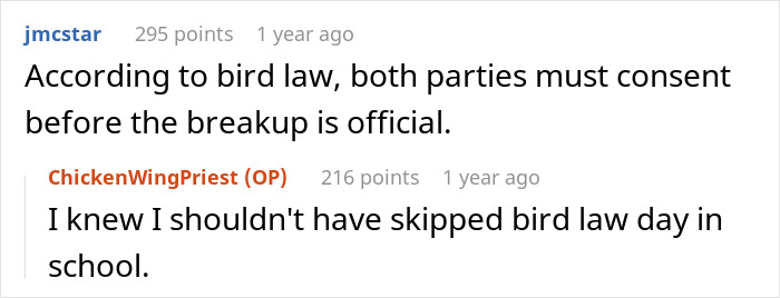 Screenshot of Reddit comments with a humorous take on breakup consent after a woman gets tattoos. Screenshot of Reddit comments with a humorous take on breakup consent after a woman gets tattoos.