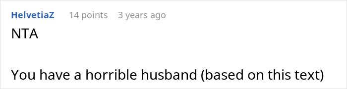 A screenshot showing a comment from Reddit user HelvetiaZ, discussing the woman's husband who pressures her to rake despite her allergy.
