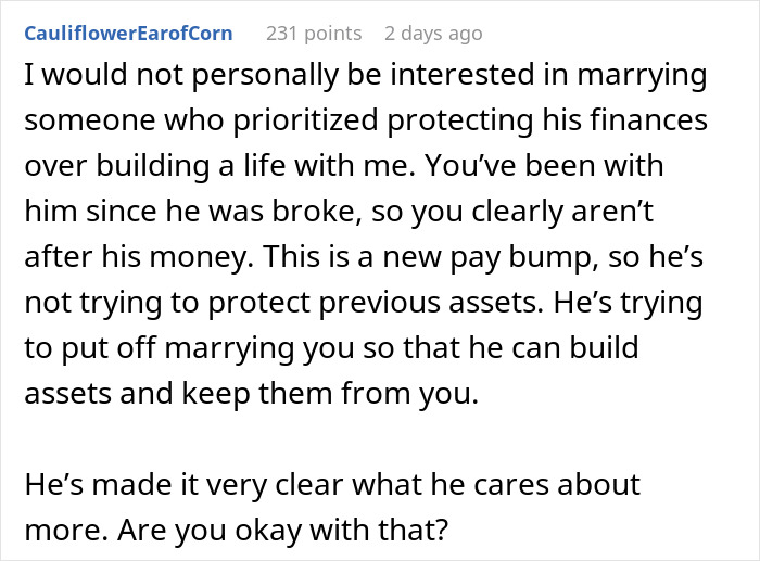 A comment about a guy who went from minimum wage to $200K, and now prioritizes finances over marrying his long-term GF. A comment about a guy who went from minimum wage to $200K, and now prioritizes finances over marrying his long-term GF.