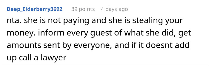 User comment recommending to contact a lawyer about MIL scamming wedding guests. User comment recommending to contact a lawyer about MIL scamming wedding guests.