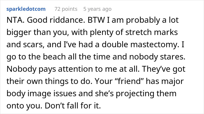 A comment about unsolicited bikini advice, sharing personal experience with body image and body-shaming. A comment about unsolicited bikini advice, sharing personal experience with body image and body-shaming.