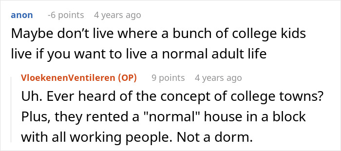 A Reddit comment debating students turning their home into a bar, discussing living among college kids. A Reddit comment debating students turning their home into a bar, discussing living among college kids.