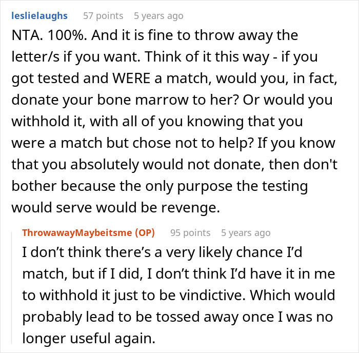 A screenshot showing comments, with one user advising against bone marrow match testing for an estranged dad’s wife. A screenshot showing comments, with one user advising against bone marrow match testing for an estranged dad’s wife.