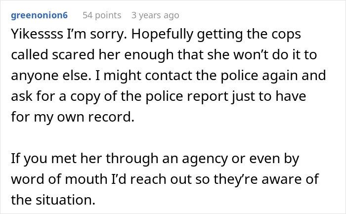 Online comment advising a nanny to contact police and agency after finding AirTag tracking her car