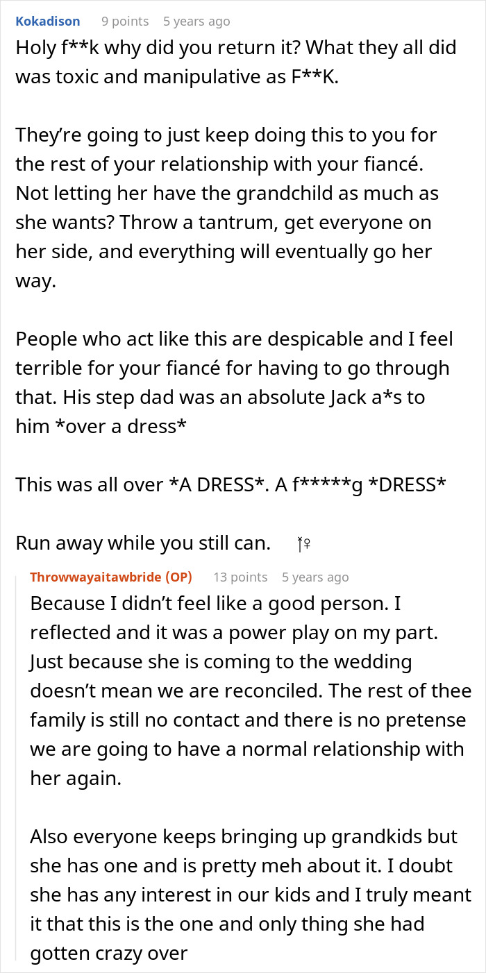 Wedding dress drama: a bride reflects on the power play and ongoing family conflict over her wedding dress. Wedding dress drama: a bride reflects on the power play and ongoing family conflict over her wedding dress.