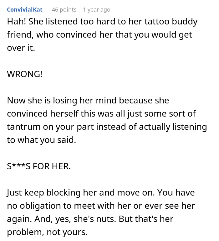 A Reddit comment by ConvivialKat discussing a woman getting tattoos despite her boyfriend leaving. A Reddit comment by ConvivialKat discussing a woman getting tattoos despite her boyfriend leaving.