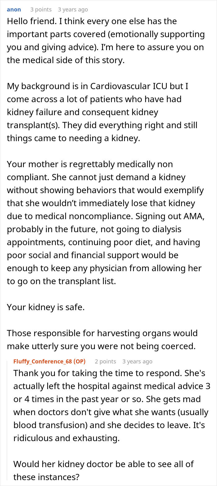 A Reddit comment from a medical professional explaining why a toxic mom likely won't get a new kidney.