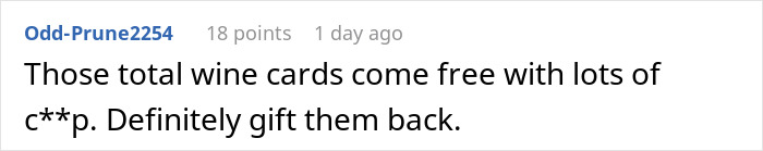 A Reddit comment suggests to gift back used wedding gift cards because they come free with purchase, adding to wedding drama.