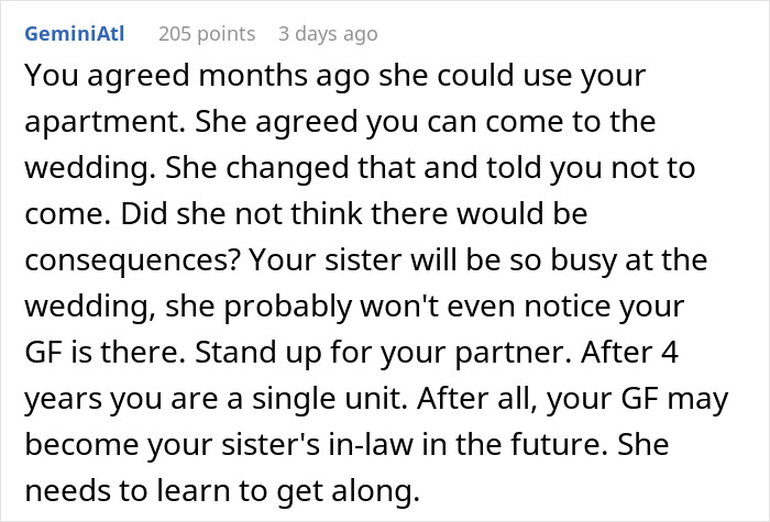 A comment describing the wedding conflict regarding the bride, sibling, and girlfriend. A comment describing the wedding conflict regarding the bride, sibling, and girlfriend.