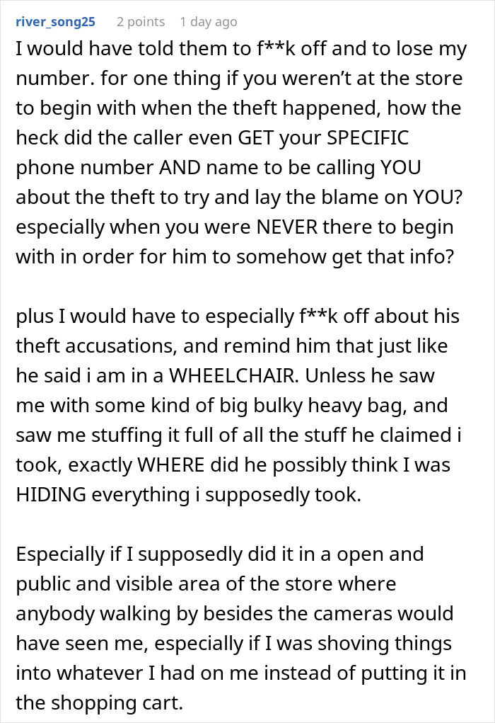 A lengthy comment advising to refuse blame and question theft accusations against a wheelchair-bound teen. A lengthy comment advising to refuse blame and question theft accusations against a wheelchair-bound teen.