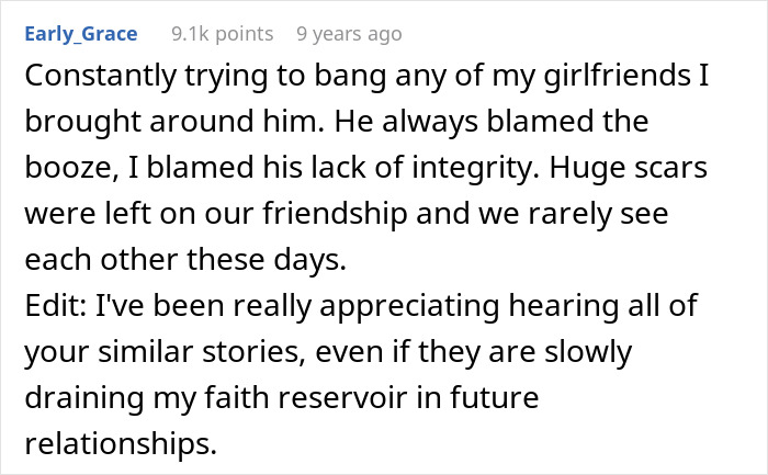 Online comment detailing a fake friend who constantly tried to date the writer's girlfriends.
