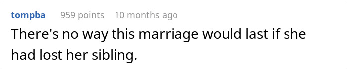 Social media comment stating a marriage could not survive if the wife let her brother d*e. Social media comment stating a marriage could not survive if the wife let her brother d*e.