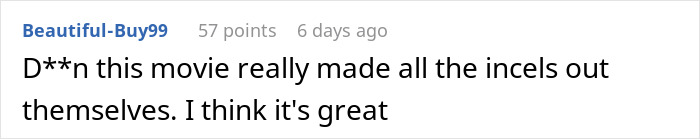 Comment praising how the movie exposed incels, related to obsession film