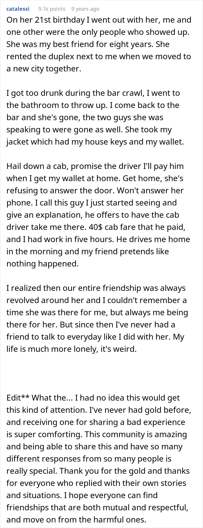 A story of a fake friend leaving the writer stranded at a bar on her birthday.