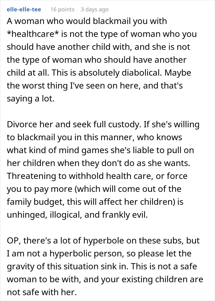 A comment describing the threat of dropping health insurance over a vasectomy as blackmail A comment describing the threat of dropping health insurance over a vasectomy as blackmail