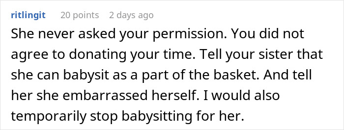 Comment advising to stop babysitting after refusal in entitled woman babysitting issue