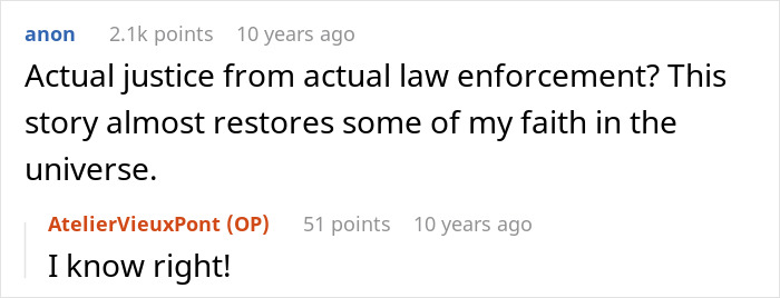 A forum comment discussing the justice served to a credit card thief