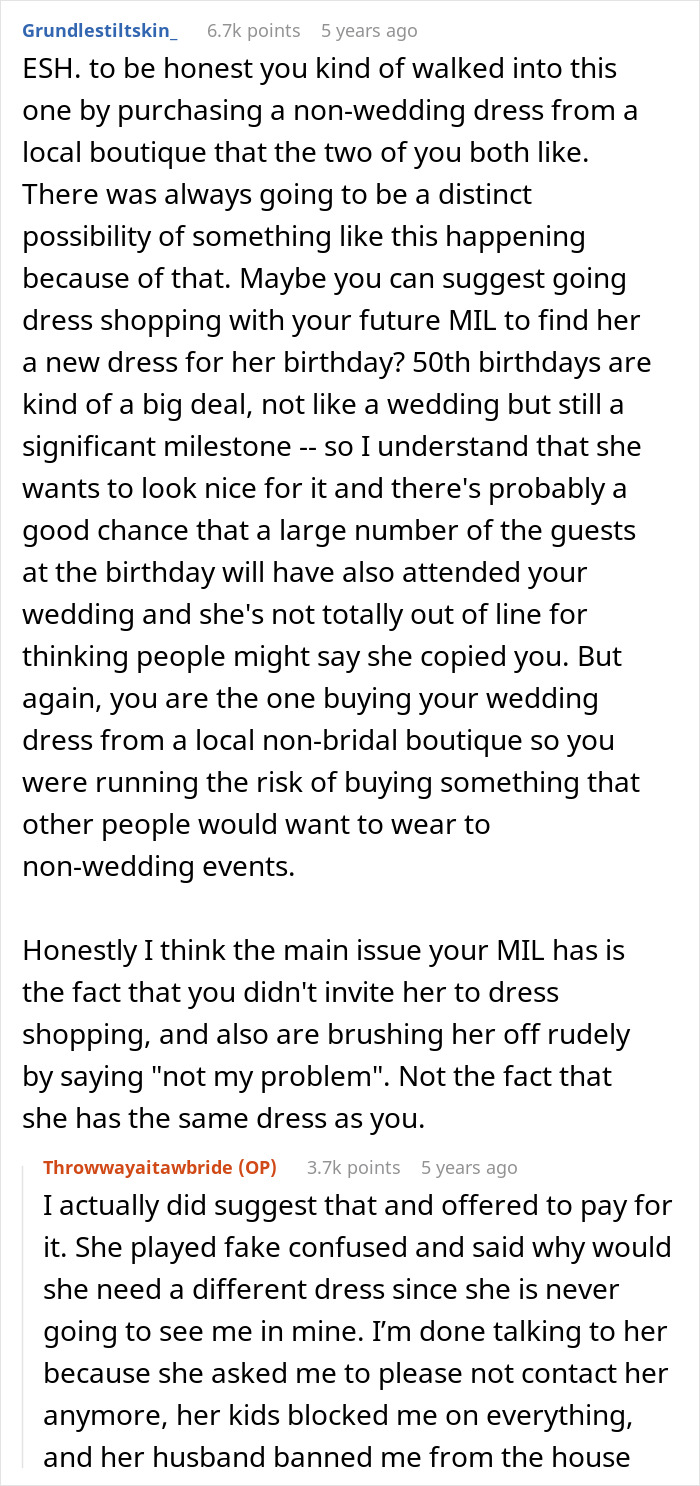 A screenshot of a Reddit comment section with a discussion about a bride, wedding dress, MIL, and groom. A screenshot of a Reddit comment section with a discussion about a bride, wedding dress, MIL, and groom.