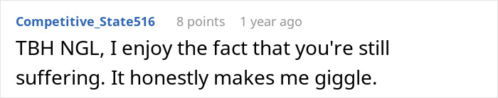 Online comment on open relationship regrets saying I enjoy the fact that you are still suffering Online comment on open relationship regrets saying I enjoy the fact that you are still suffering