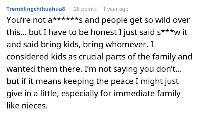 A comment on in-laws demanding child-free celebration exceptions, suggesting to keep peace with family.