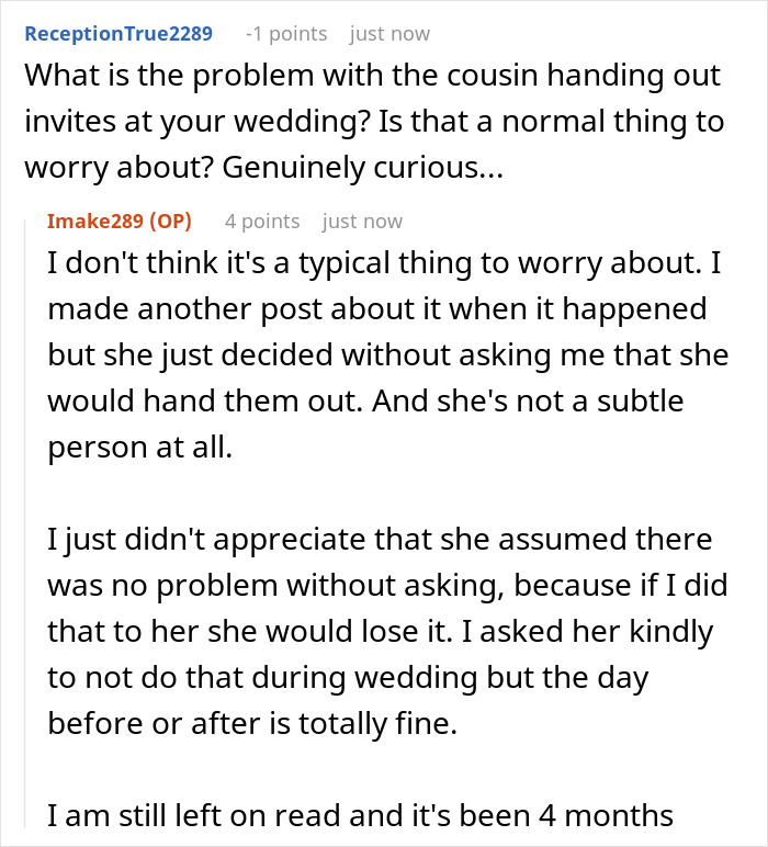 Reddit comment from OP explaining the wedding drama caused by the cousin handing out invites without permission.