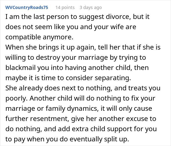 A Reddit comment suggesting divorce as an option due to husband and wife incompatibility. A Reddit comment suggesting divorce as an option due to husband and wife incompatibility.