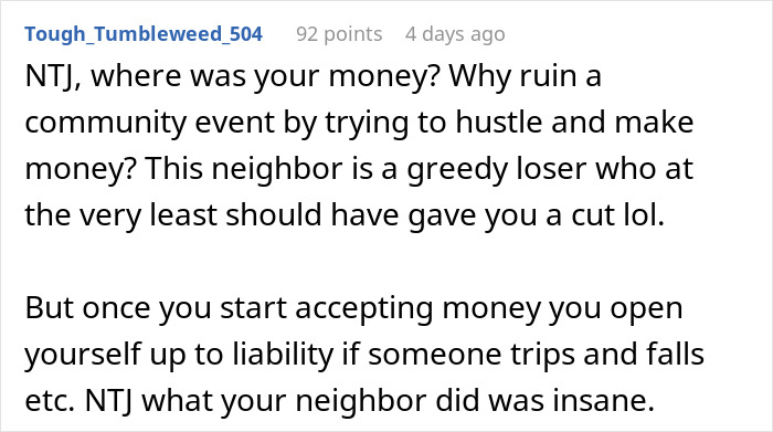 Online comment criticizing a neighbor for turning a free movie night into a side hustle. Online comment criticizing a neighbor for turning a free movie night into a side hustle.