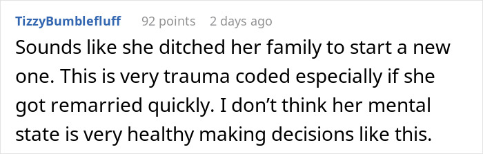 A Reddit comment expressing concern about a mother's mental state for leaving children to pursue IVF with new husband. A Reddit comment expressing concern about a mother's mental state for leaving children to pursue IVF with new husband.