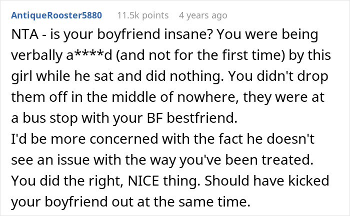 Online comment supports GF for not driving home drunk women who insulted her; boyfriend is mean. Online comment supports GF for not driving home drunk women who insulted her; boyfriend is mean.