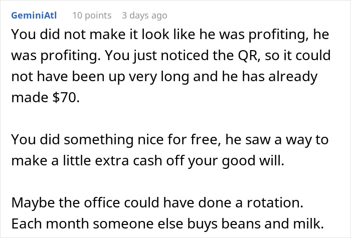 Reddit comment about a coworker profiting off of a free coffee machine in the office.