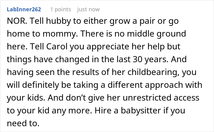 Social media comment advising to hire a babysitter instead of giving a MIL unrestricted access. Social media comment advising to hire a babysitter instead of giving a MIL unrestricted access.