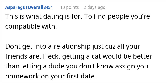 Online comment advising against letting a date assign homework instead of looking for romance. Online comment advising against letting a date assign homework instead of looking for romance.