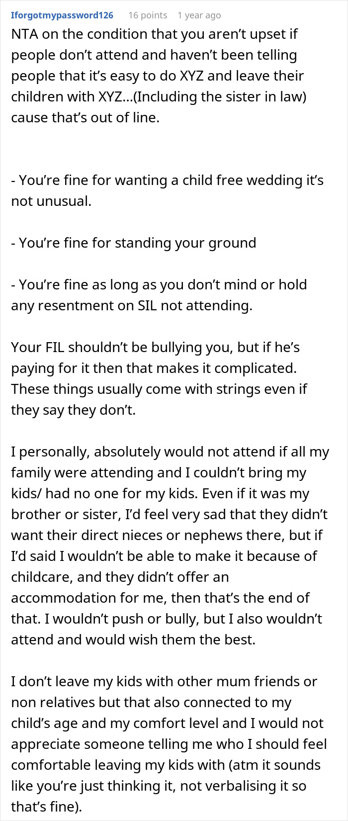 In-laws demand special exceptions for child-free celebration, resorting to threats to get what they want. Long Reddit comment on child-free weddings and attendance.