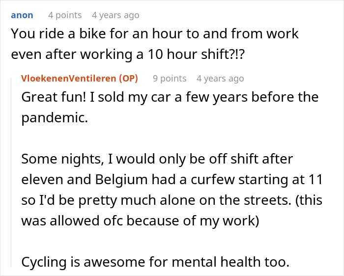 A screenshot of a Reddit comment where a user asks about cycling after a long shift, with a reply discussing the benefits for students and mental health. A screenshot of a Reddit comment where a user asks about cycling after a long shift, with a reply discussing the benefits for students and mental health.