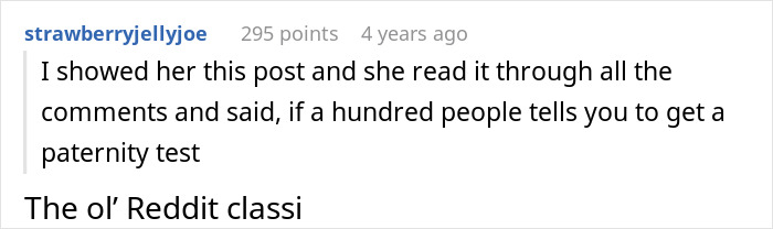 A comment from strawberryjellyjoe about a wife hiding money from hubby, mentioning a paternity test. A comment from strawberryjellyjoe about a wife hiding money from hubby, mentioning a paternity test.