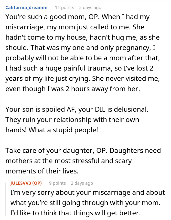 A comment thread on Reddit discussing family relationships, referencing a daughter and newborn. A comment thread on Reddit discussing family relationships, referencing a daughter and newborn.