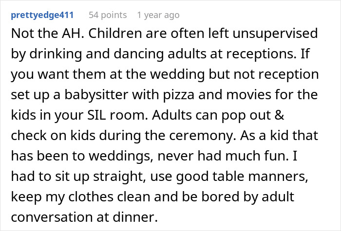A comment about child-free celebration for a wedding with in-laws demanding special exceptions.