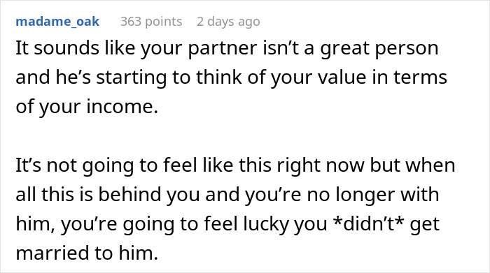 A comment advising a GF that her partner isn't a great person for valuing her based on income, following his raise to $200K. A comment advising a GF that her partner isn't a great person for valuing her based on income, following his raise to $200K.