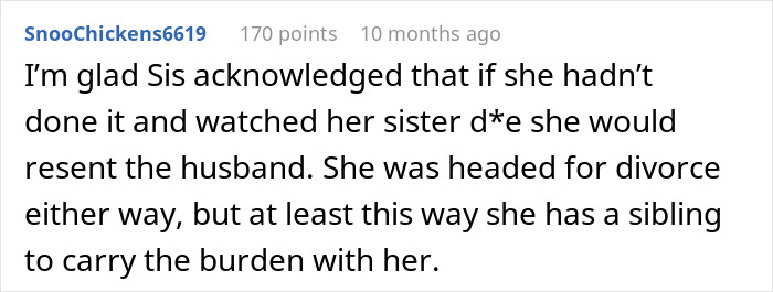 User comment reflecting on a sister who gives brother part of her liver and the resulting divorce. User comment reflecting on a sister who gives brother part of her liver and the resulting divorce.