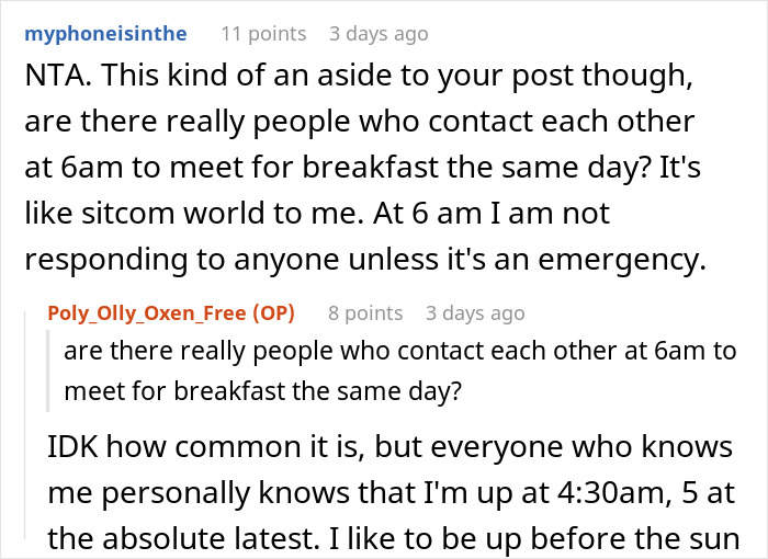 Reddit comment about a man's BIL inviting him to breakfast at 6 am, secretly paying, then blaming him for expensive food. Reddit comment about a man's BIL inviting him to breakfast at 6 am, secretly paying, then blaming him for expensive food.