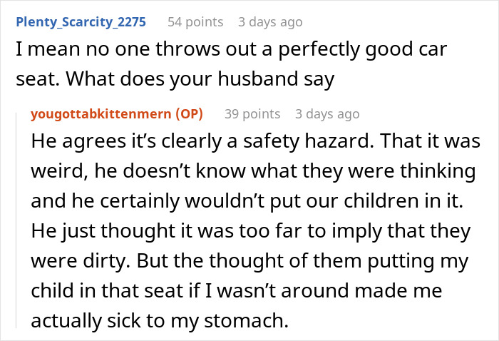 Online discussion about safety hazard of in-laws using discarded baby car seat