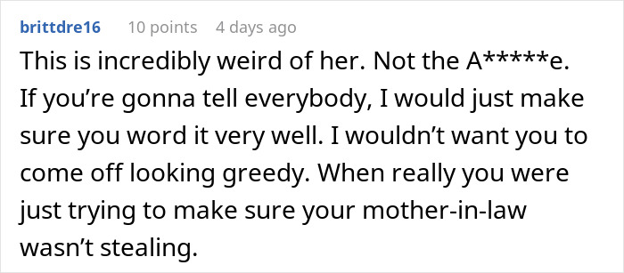 User comment discussing how to make sure the mother-in-law was not stealing from wedding guests User comment discussing how to make sure the mother-in-law was not stealing from wedding guests