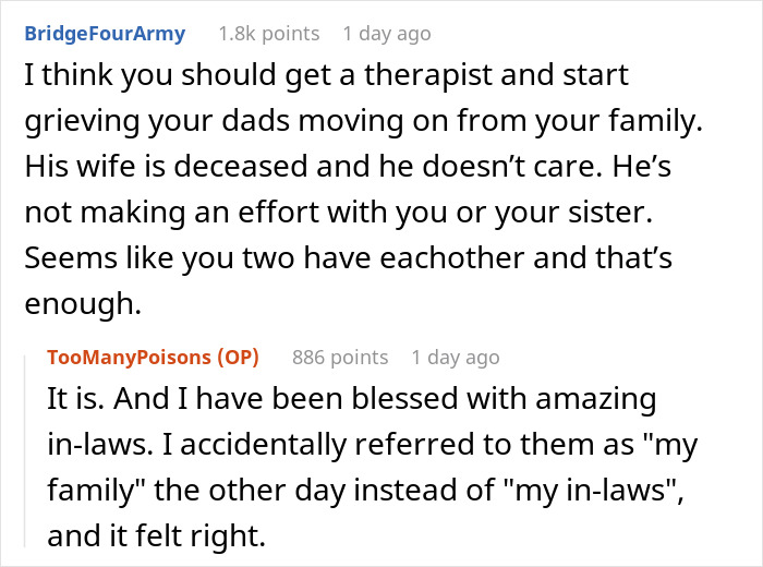 A comment about a widowed dad remarrying, suggesting therapy for the daughters after being cut out of the will. A comment about a widowed dad remarrying, suggesting therapy for the daughters after being cut out of the will.
