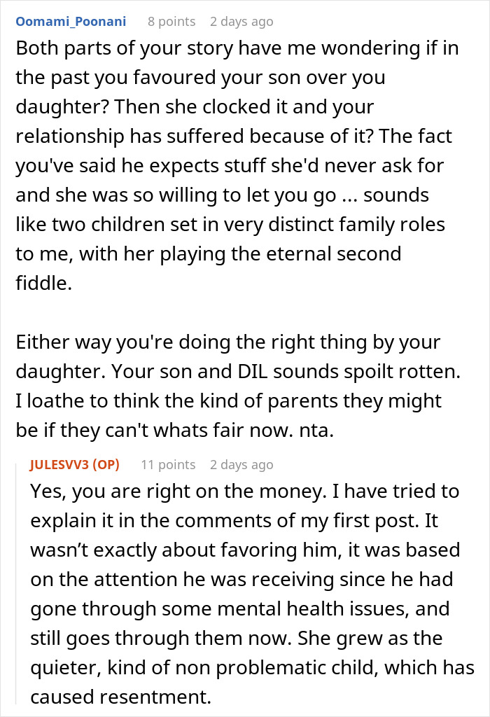 Reddit comment thread where users discuss family dynamics between a son, daughter, and MIL. Reddit comment thread where users discuss family dynamics between a son, daughter, and MIL.