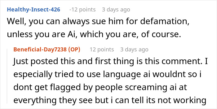 A comment thread where a user accuses the story of being AI-generated, related to the free babysitting narrative. A comment thread where a user accuses the story of being AI-generated, related to the free babysitting narrative.