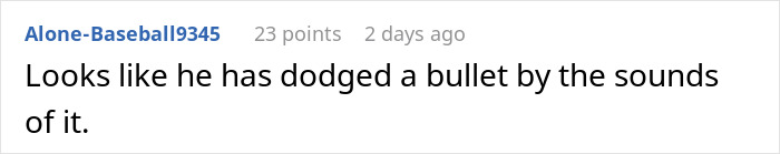 Social media comment on a dating story suggesting the man dodged a bullet, highlighting a failed romance. Social media comment on a dating story suggesting the man dodged a bullet, highlighting a failed romance.