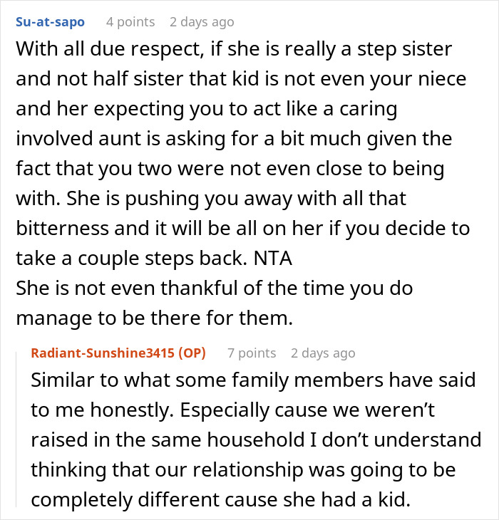 A woman discussing not wanting to put her life on hold for her stepsister's kid, called a bad aunt.