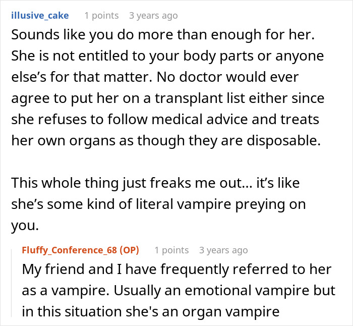 A comment section for a post about a toxic mom and a shiny new kidney from her daughter.
