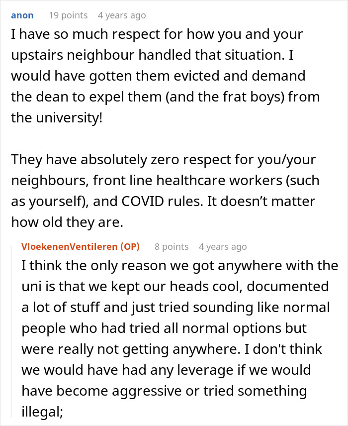 A Reddit comment praises a neighbor's handling of students turning their home into a bar, suggesting stricter actions. A Reddit comment praises a neighbor's handling of students turning their home into a bar, suggesting stricter actions.